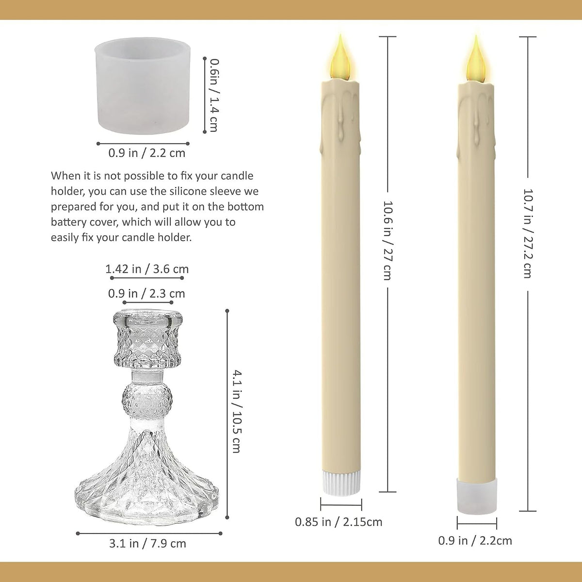 Flameless Taper Candles with Illuminated Glass Candle Holder, Remote Timer 2AA Battery Operated 500+ Hours for Thanksgiving/Xmas Decor, Wedding Centerpiece, Ivory, 2 Pack