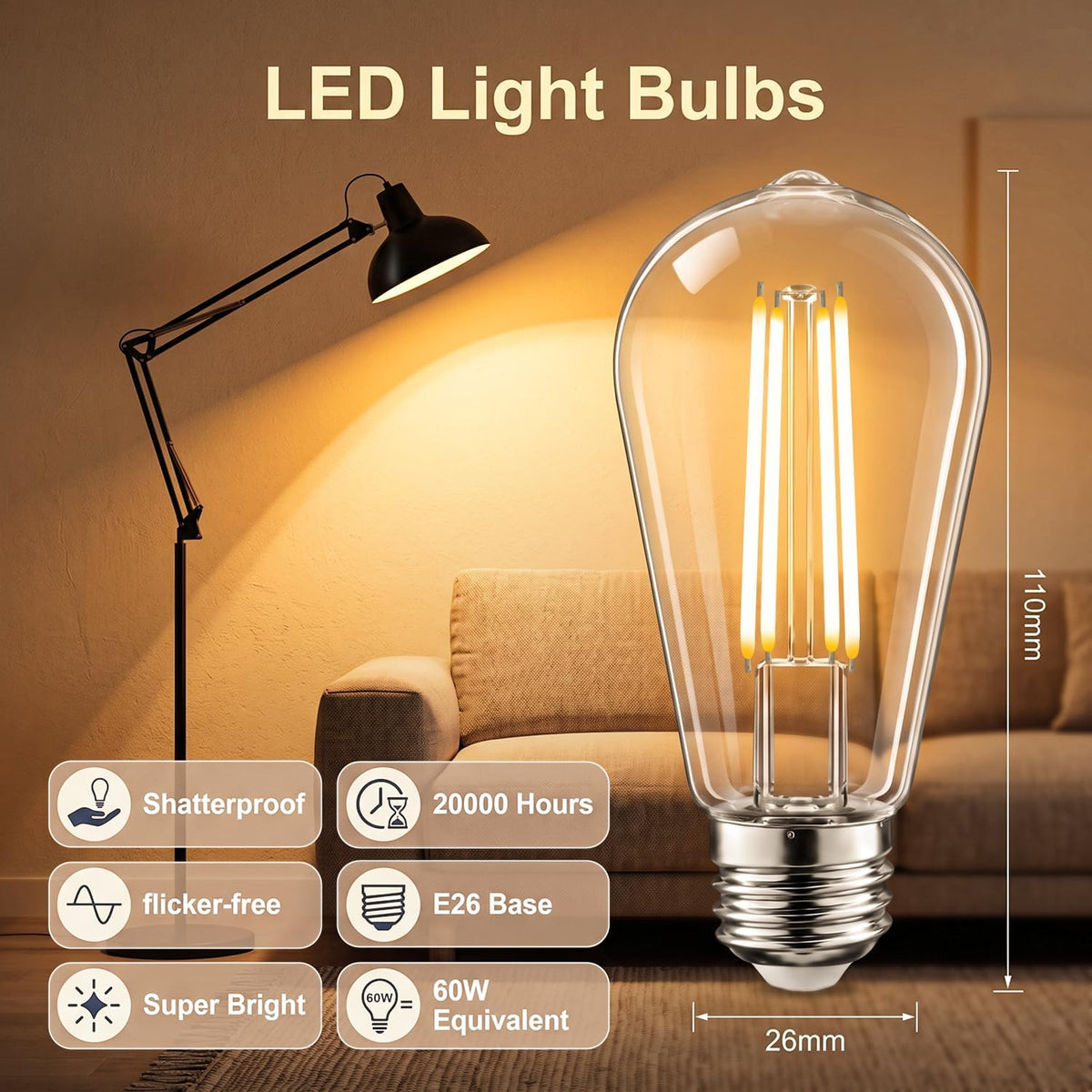 6pack LED Light Bulbs, Shatterproof Edison Bulbs 60 Watt Equivalent, E26 Base Warm White 2700K Bulb, Vintage Decorative Fixture Light Bulbs for Home Lighting, Bathroom, Bedroom, Hallway, Non-dimmable