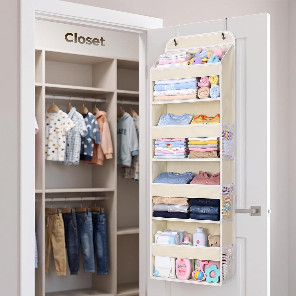 LAMU Over the Door Organizer, Large Capacity Behind the Door Storage with Clear PVC Windows, Back to School Supplies, Stuffed Animal Storage for Dorm Closet Nursery Bathroom Pantry, 4 Tier Cream White