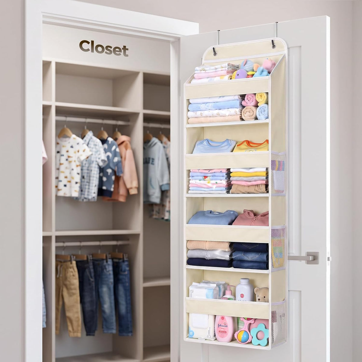 LAMU Over the Door Organizer, Large Capacity Behind the Door Storage with Clear PVC Windows, Back to School Supplies, Stuffed Animal Storage for Dorm Closet Nursery Bathroom Pantry, 4 Tier Cream White
