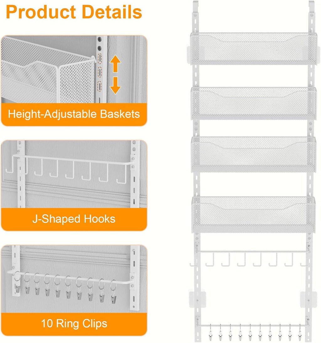Over the Door Organizer, 2 in 1 Metal Hanging Closet Organizer & Hat Rack with 4 Adjustable Baskets, 8 Hooks, 10 Clips, Behind The Door Storage for Bedroom, Bathroom, Entrance, Closet, Kitchen, White