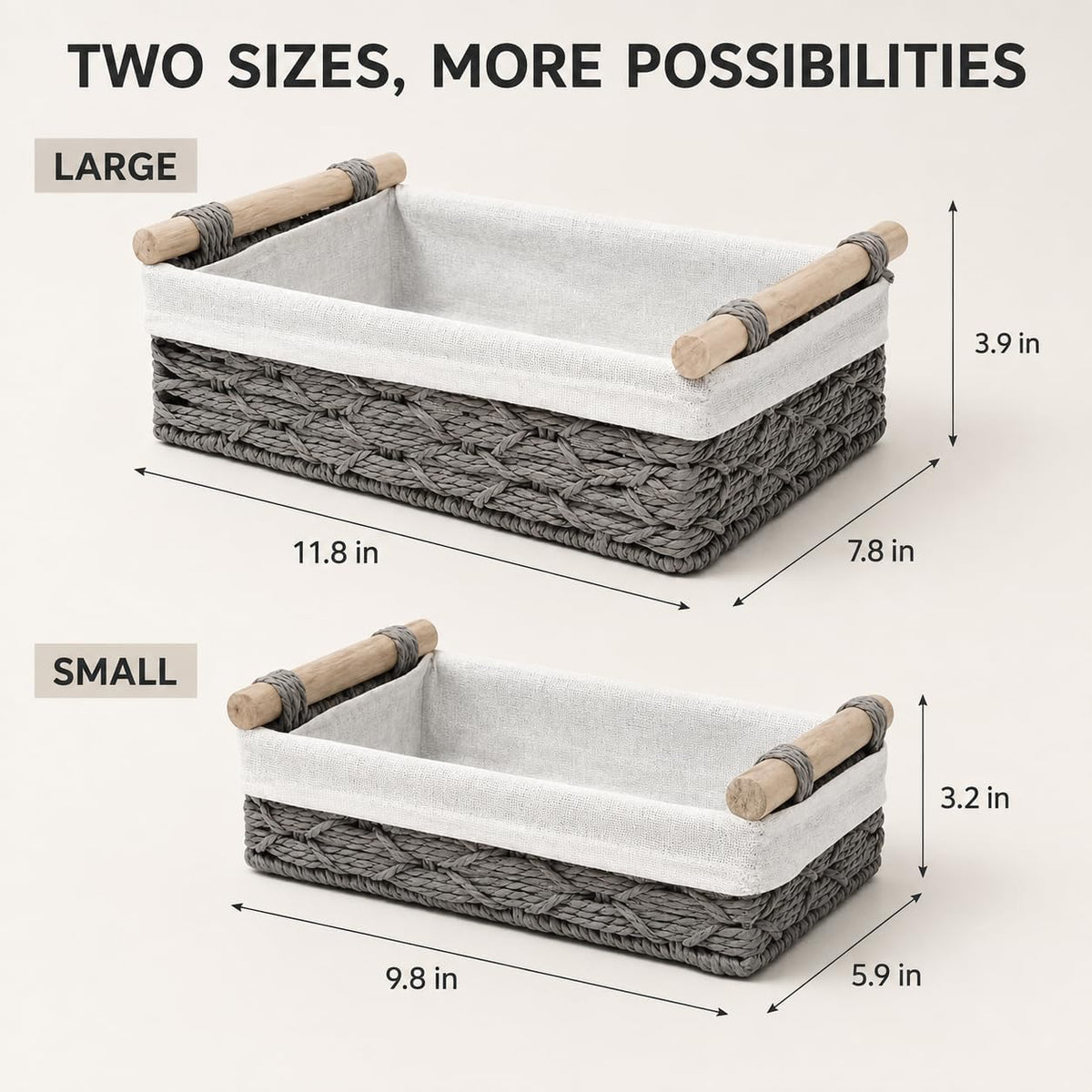 Gray Bathroom Baskets Set of 2, Paper Rope, Wood Handles