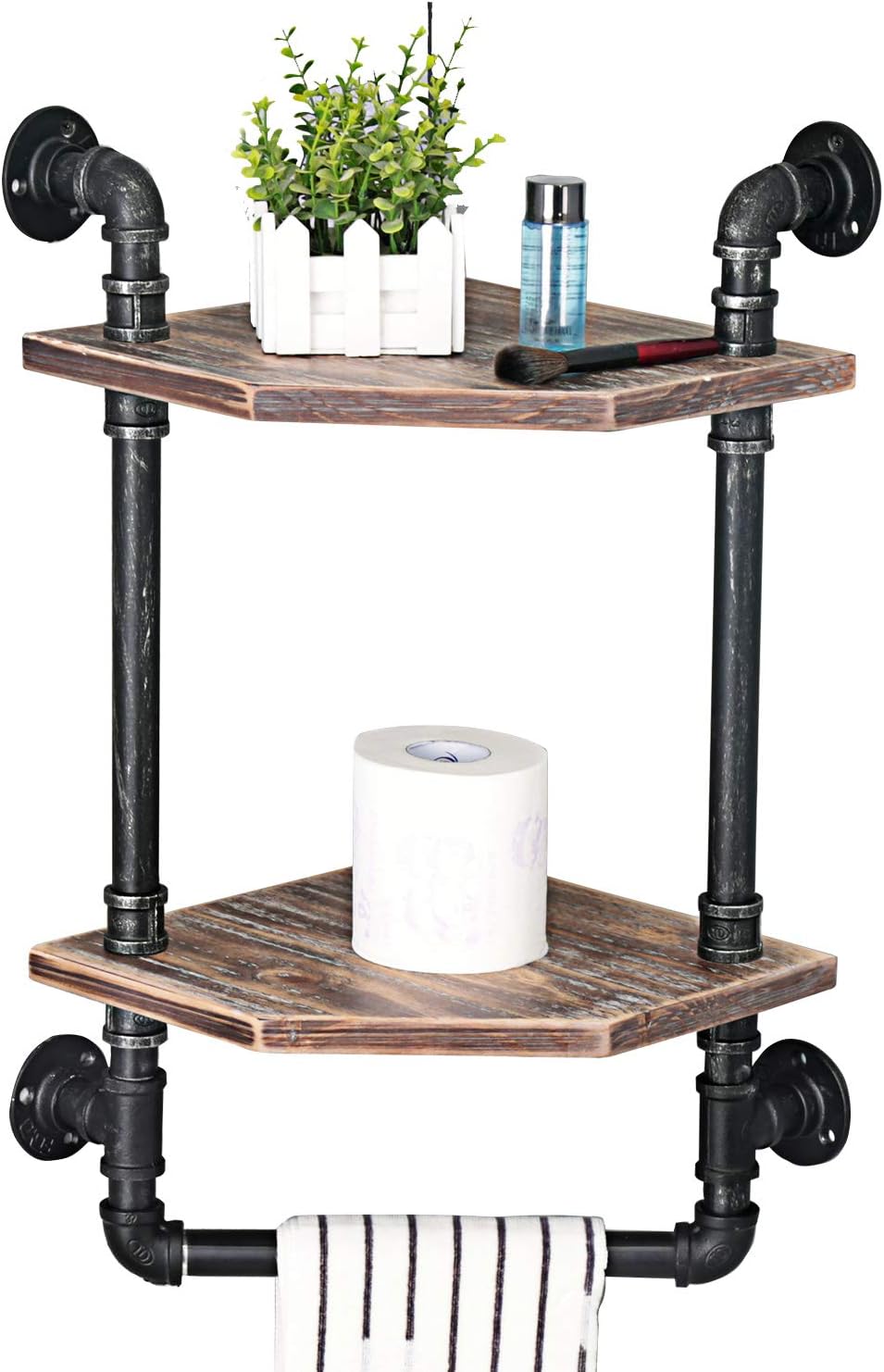 MBQQ Industrial Pipe Shelf,Rustic Corner Shelves with Towel Bar,Bathroom Shelves Wall Mounted,2 Tiered Metal&Real Wood Home Decor Floating Shelves