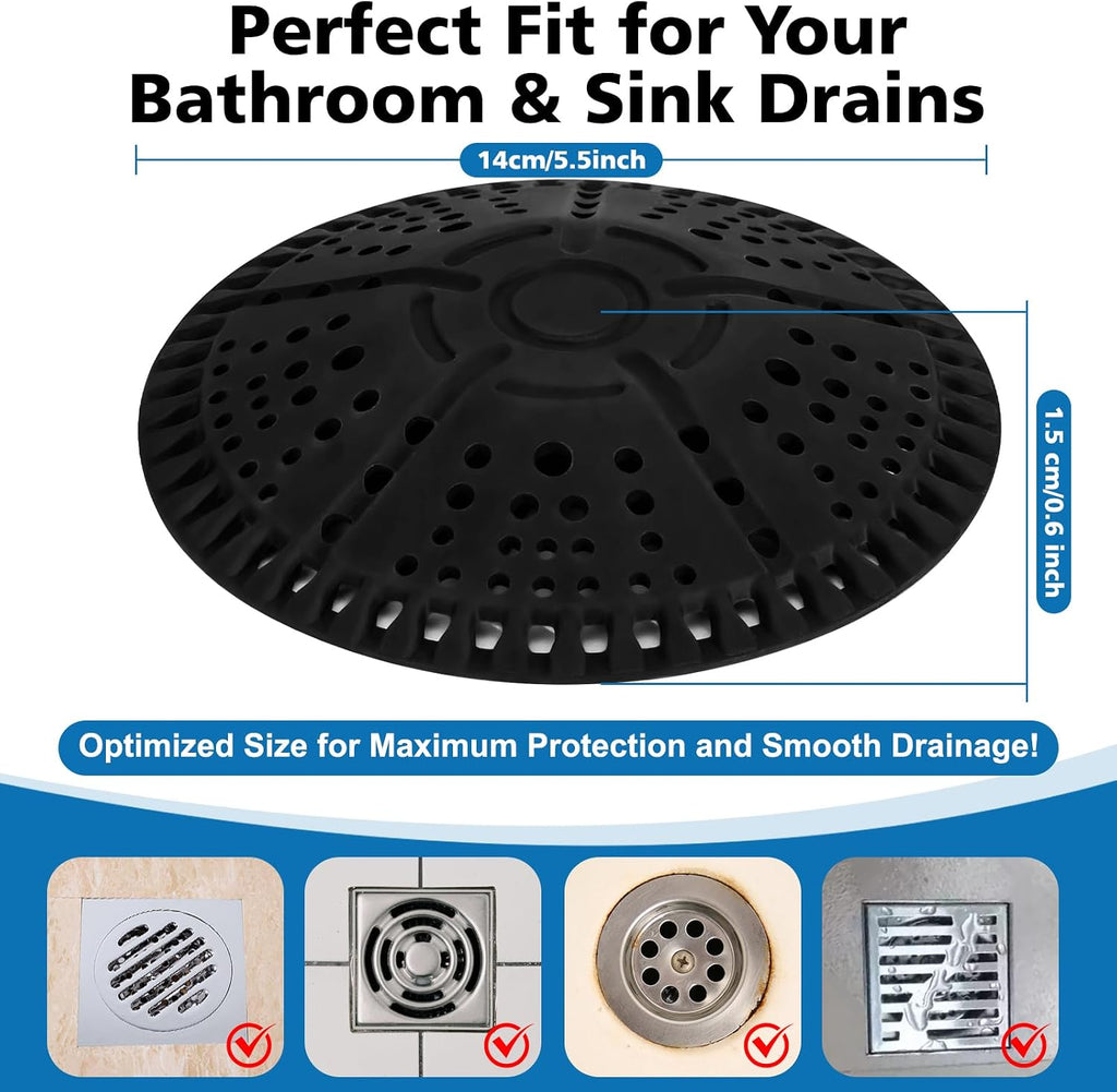 ZOOY Shower Drain Hair Catcher, 2 Pack 5.5 Inch Silicone Large Drain Cover, Bathroom Hair Drain Catcher, Flat Anti-Clog Hair Trap for Shower, Bathtub, Tub & Sink Hair Strainer(Black)