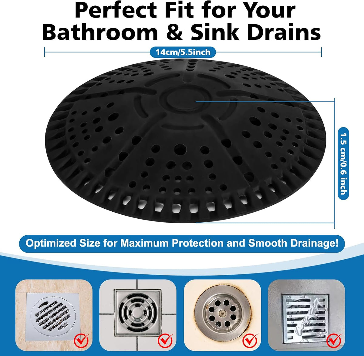 ZOOY Shower Drain Hair Catcher, 2 Pack 5.5 Inch Silicone Large Drain Cover, Bathroom Hair Drain Catcher, Flat Anti-Clog Hair Trap for Shower, Bathtub, Tub & Sink Hair Strainer(Black)