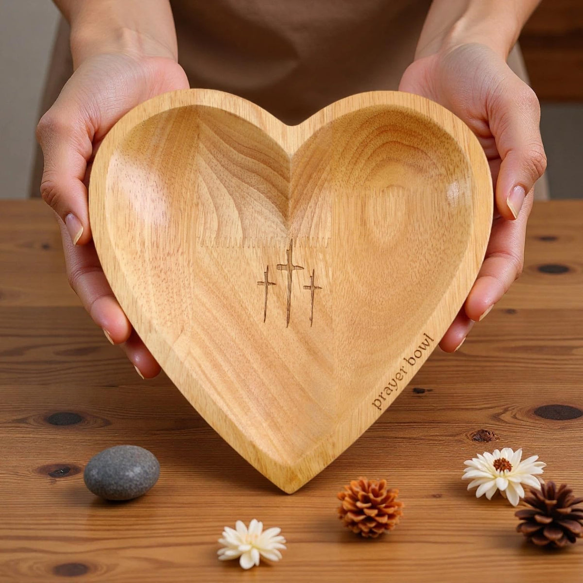 Wooden Prayer Bowl with 24 Cards & Pine Cross, Heart Shaped Christian Premium Solid Heart Container Love Bowl for Home Decor Religious Christmas Men Women Gifts(420g)
