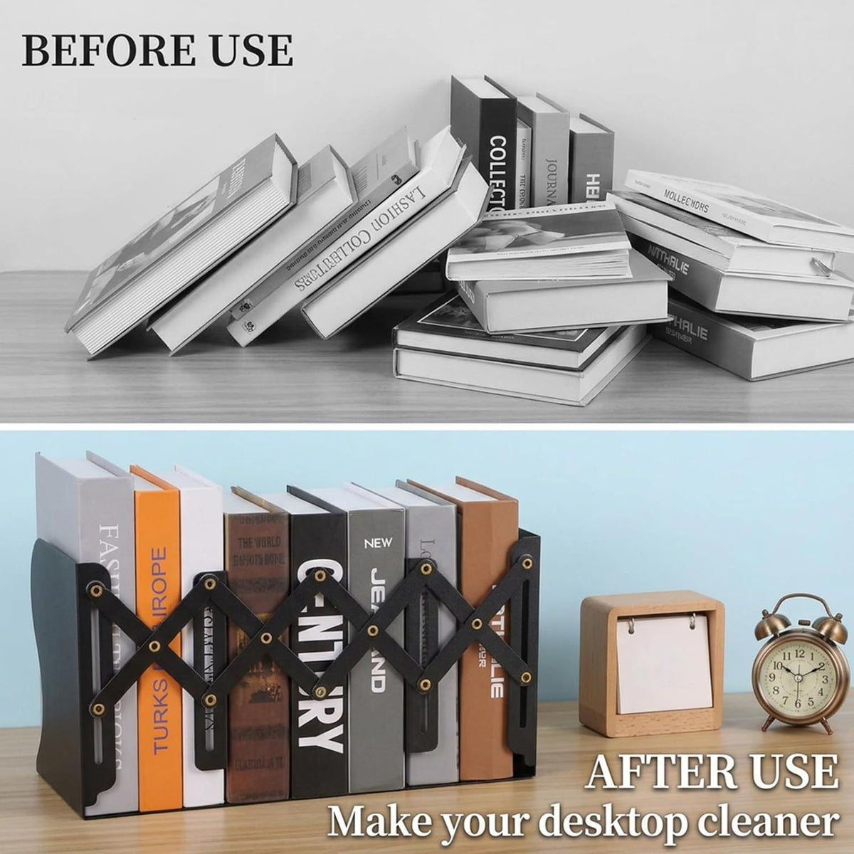 2 PCS Adjustable Book Ends for Shelves, Heavy Duty Metal Book Holder Organizer, Expandable Desk Book Stopper for Office Home, Black
