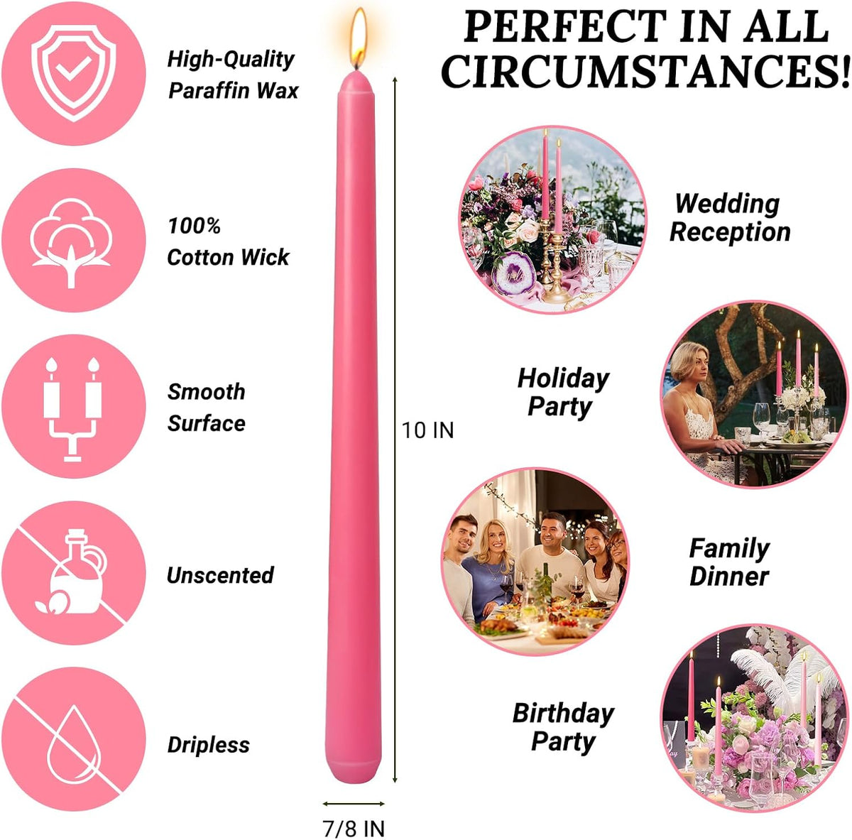 10 Inch Gradient-Pink Taper Candles, 4 Packs Unscented Candlesticks for Dinner, Wedding, Valentine’s Day and Home Decoration, Dripless and Smokeless, 8-10 Hours Burn