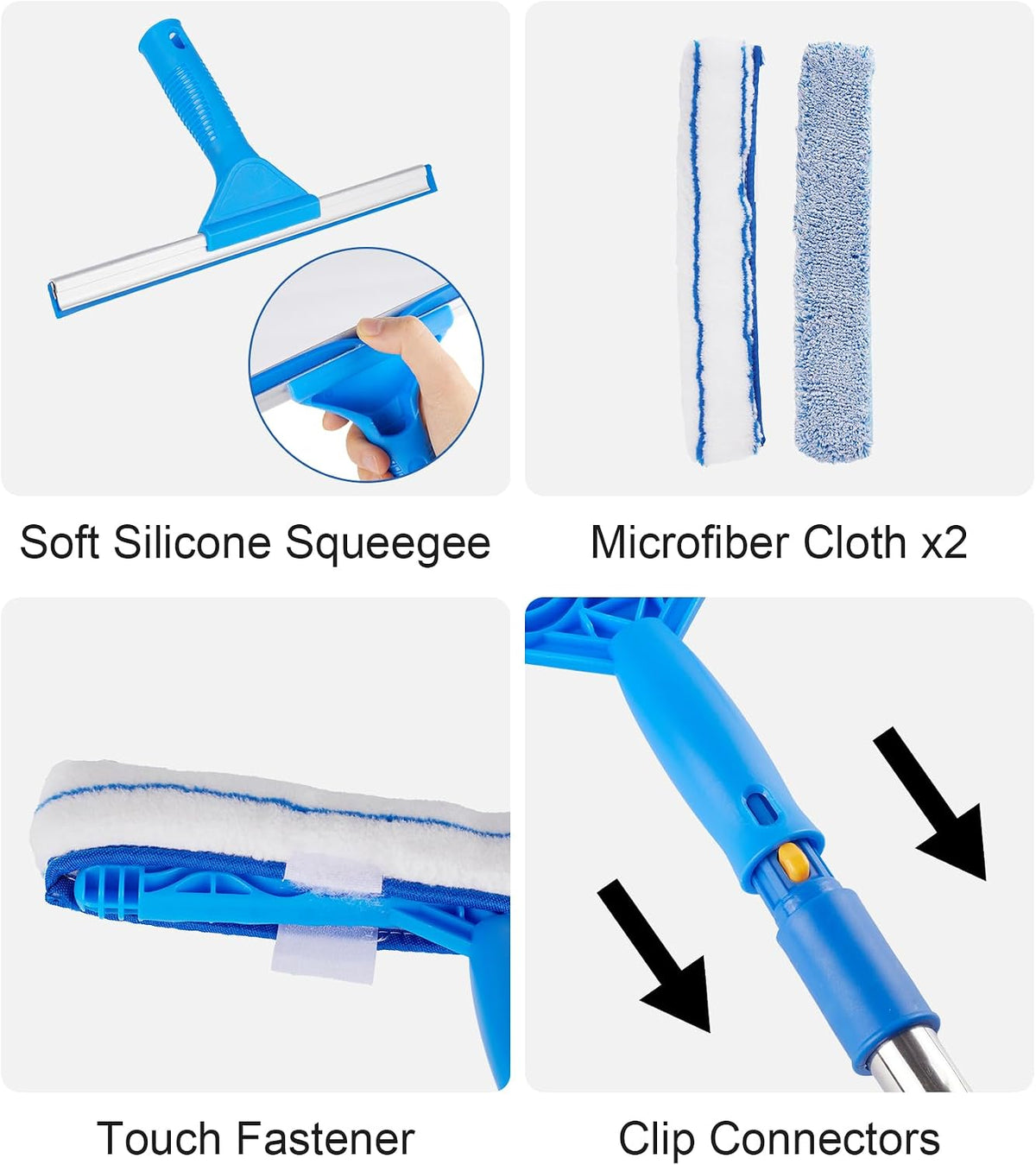 Window Squeegee Cleaner with 4 Stainless Steel Extension Poles, 58inch Long Reach, Scrubber, Glass Scraper, Bendable Duster, 2 Scrubber Cloth for Window, Car, Professional Cleaning Kit
