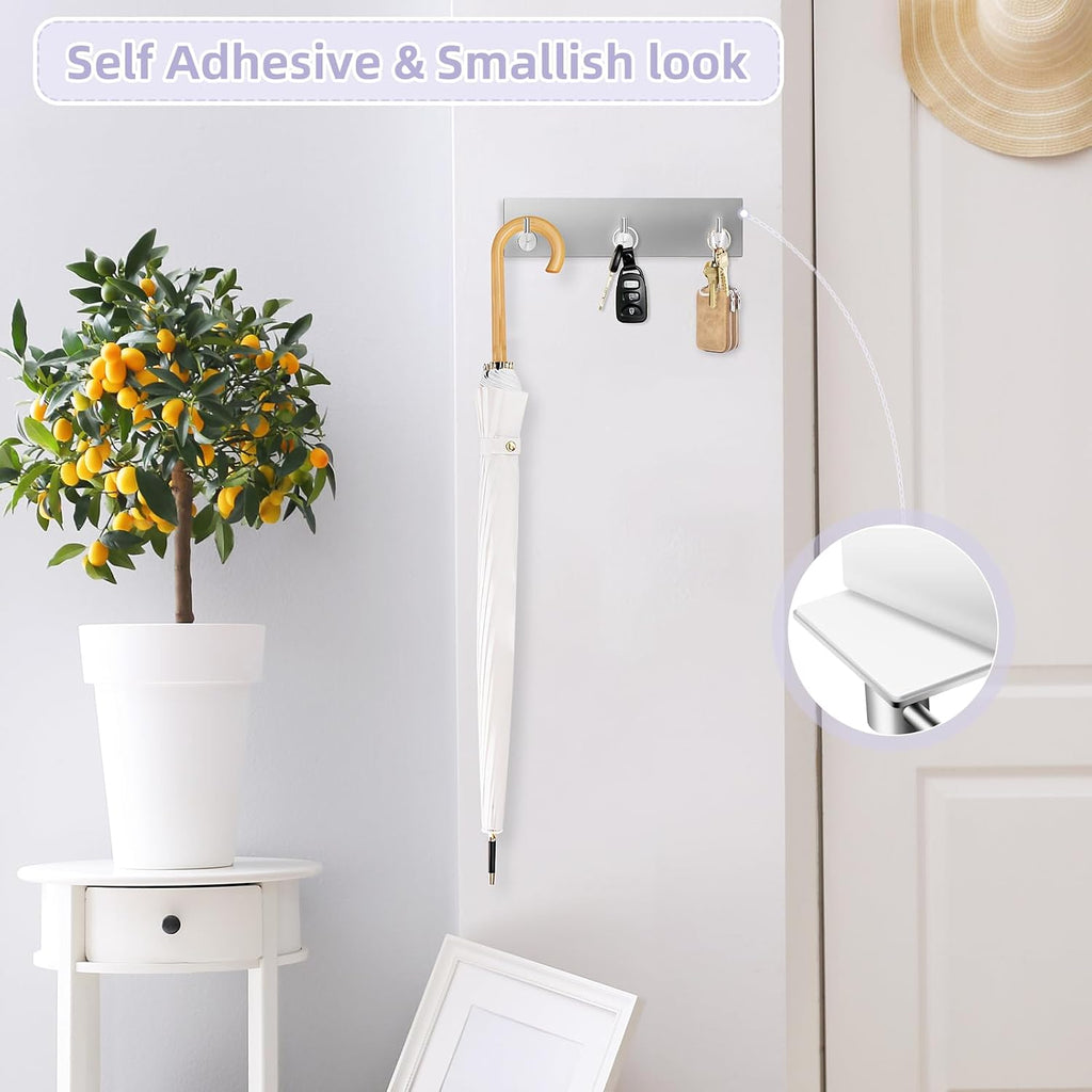 VIS'V Key Holder Wall Mount, Small Adhesive Key Hanger with 3 Hooks, Silver