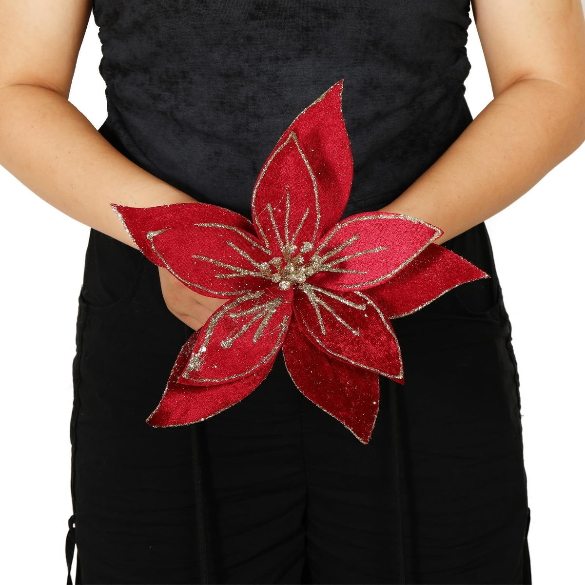 10.2’’ Large Glitter Christmas Flowers 6 Pcs Artificial Poinsettia Flower Velvet Christmas Tree Flower Ornaments Fold Floral for Christmas Decorations New Year Party Wedding (Wine Red)