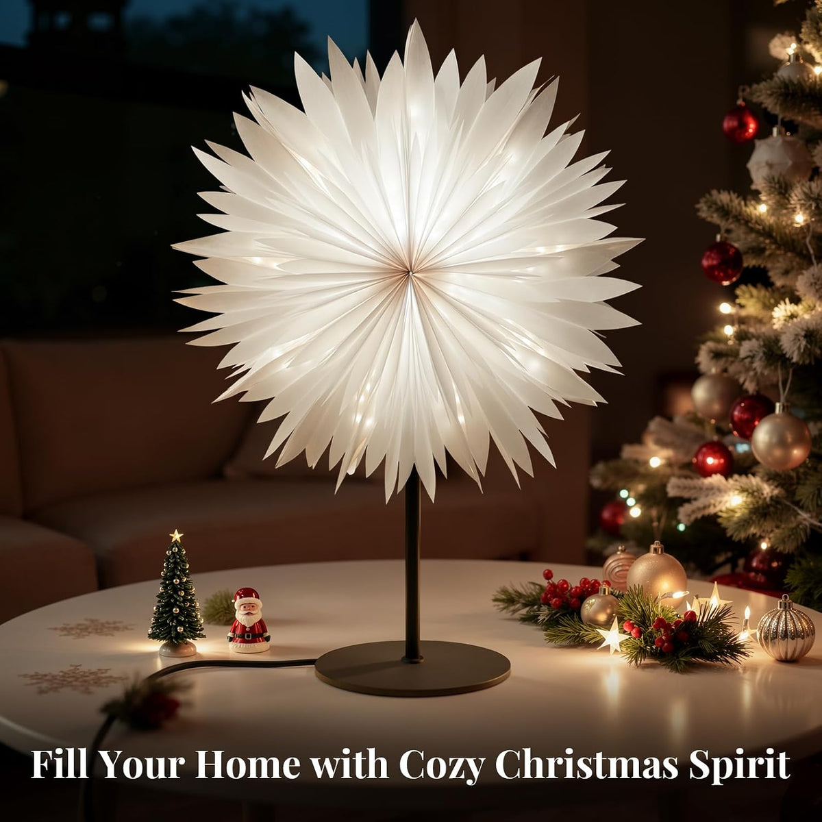 Lewondr 3D Christmas Paper Star Table Lamp, Translucent Feather, White