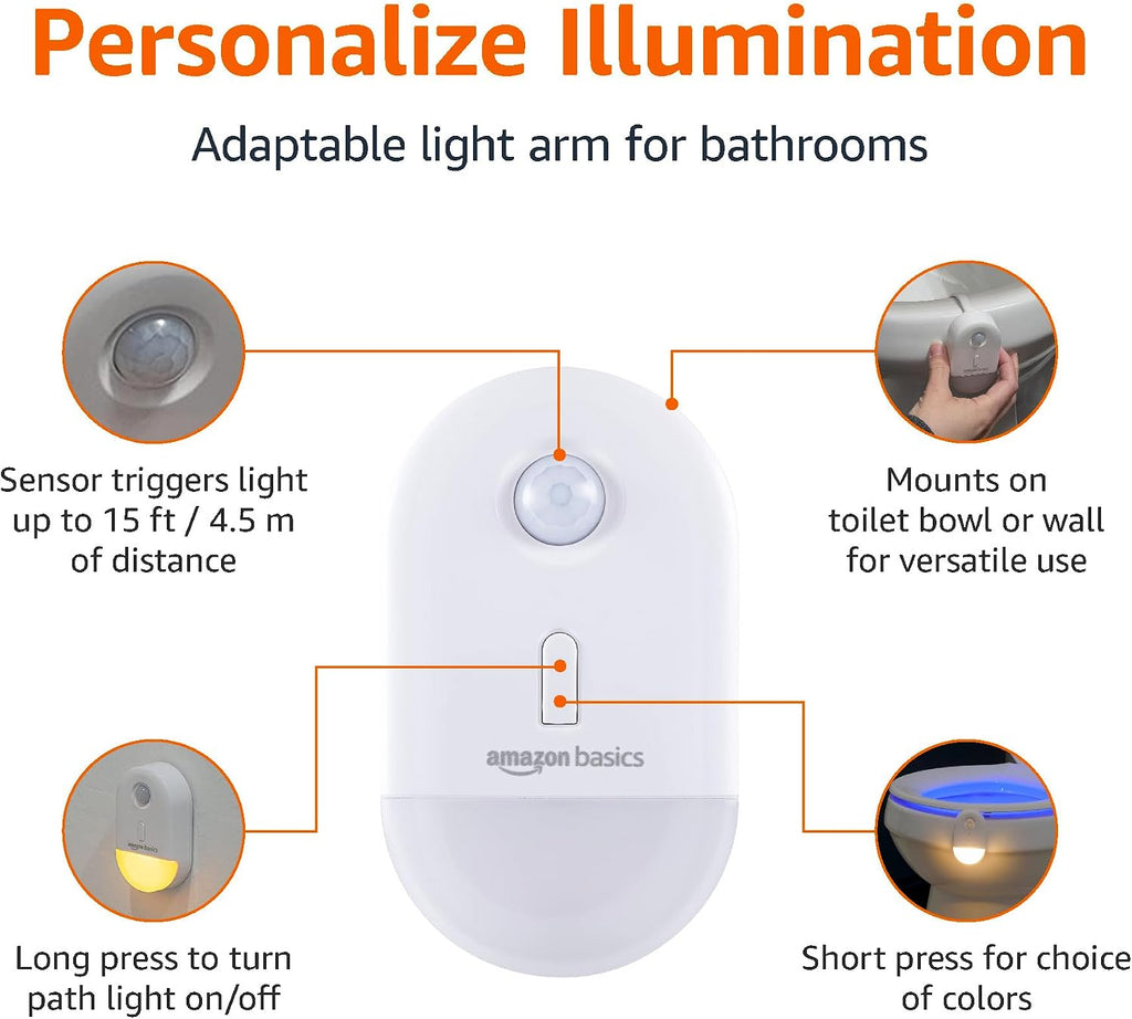 Amazon Basics Color Changing LED Toilet Bowl Motion Sensor Light, Battery Operated, Auto-off After 60 Seconds, 15 ft Detection Range, 2 Pack, White
