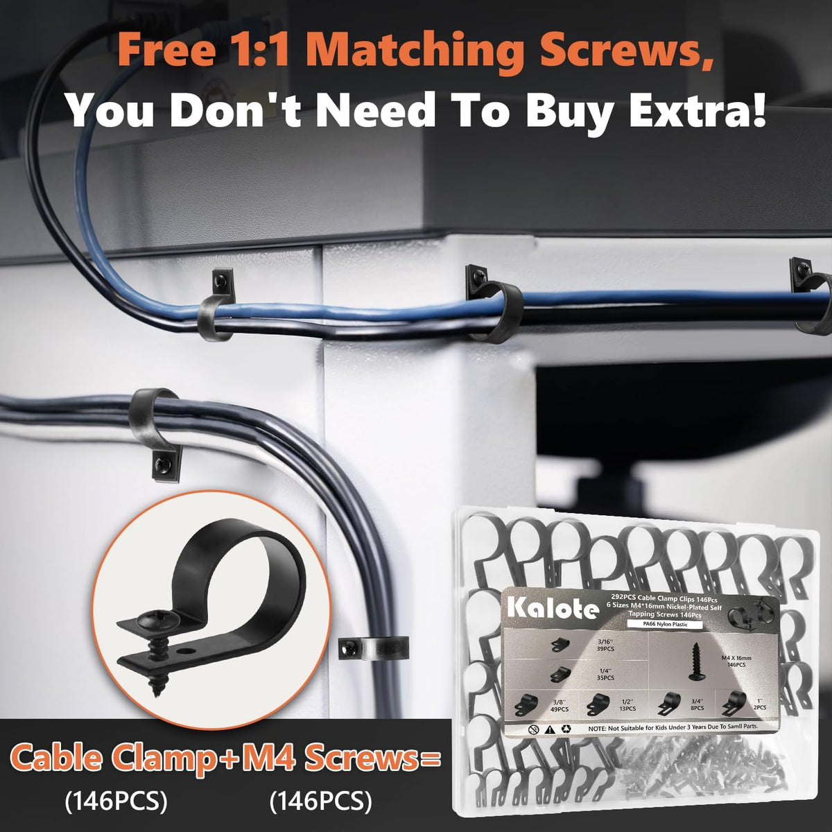 292Pcs Black PA66 Nylon R Cable Clamps Kit w/ M4 Screws, 6 Sizes
