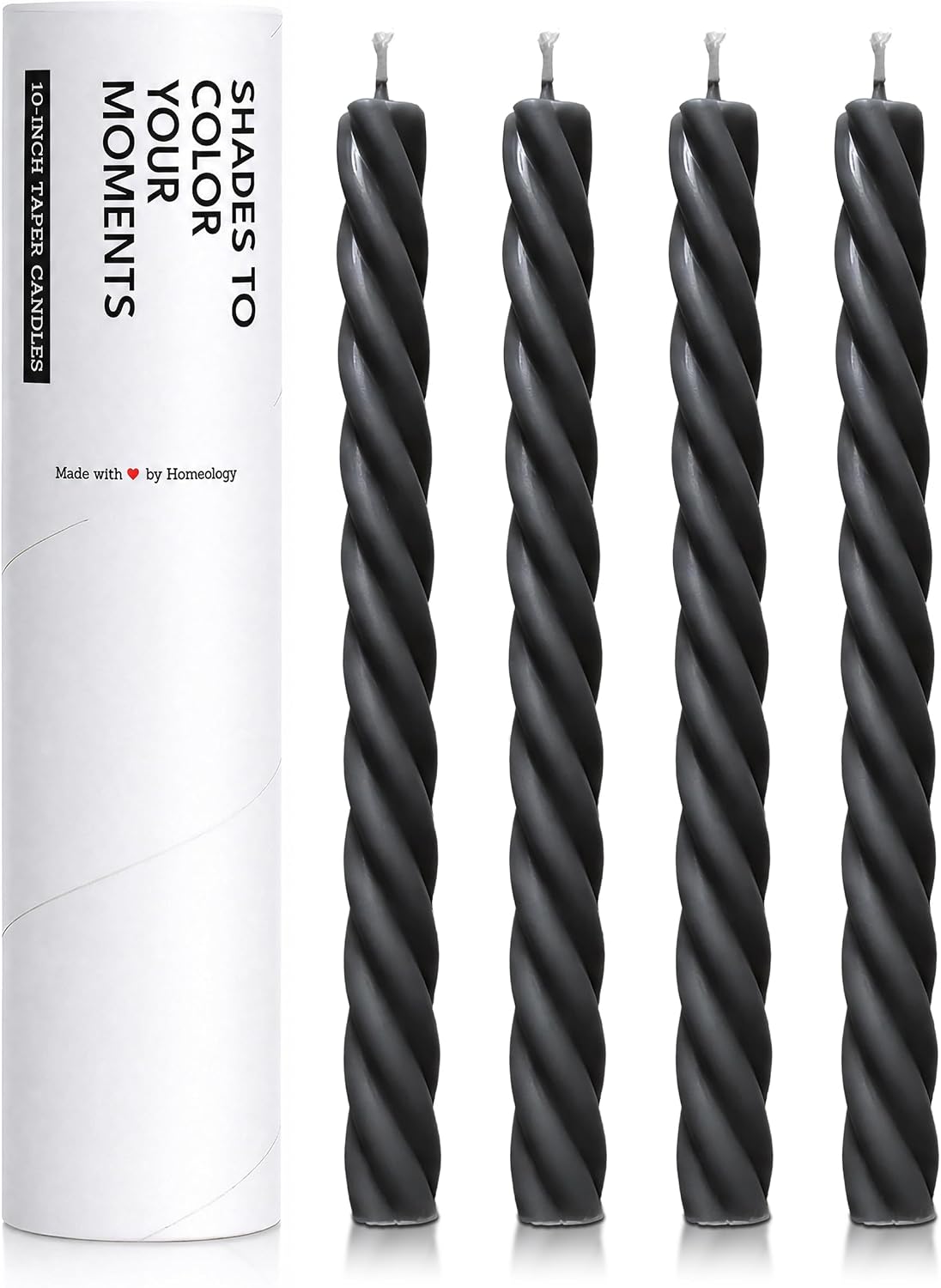 Charcoal Black Twisted Taper Candles, 10“, 4 Pack, Unscented