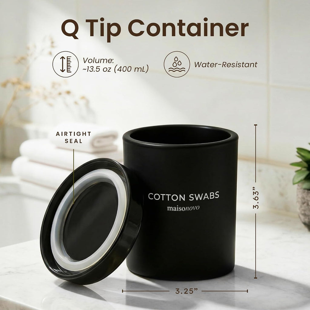MaisoNovo Glass Bathroom Containers with Lids (Airtight) - Qtip Holder - Apothecary Jars for Cotton Rounds, Swabs, Balls, Pads - Black Q Tip Dispenser - 2 pcs Bathroom Canisters Set for Organization