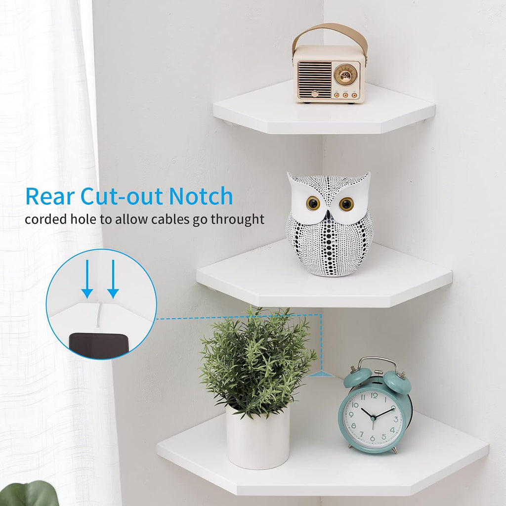 Corner Floating Shelves Set 2 Wire Hole Solid Oak Wood Display Shelf ,White