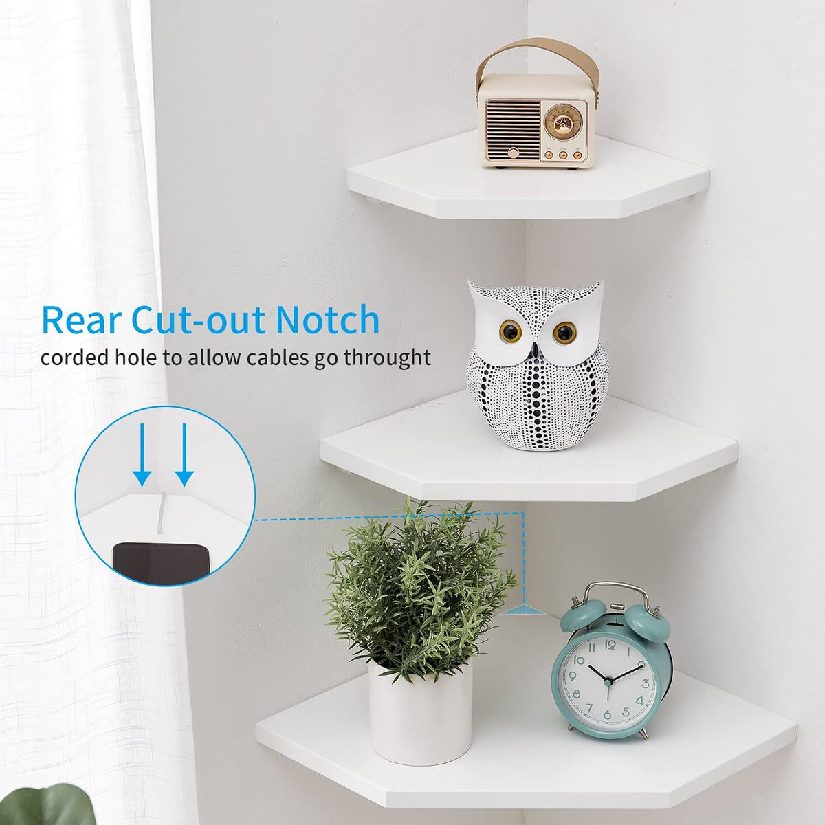 Corner Floating Shelves Set 2 Wire Hole Solid Oak Wood Display Shelf ,White