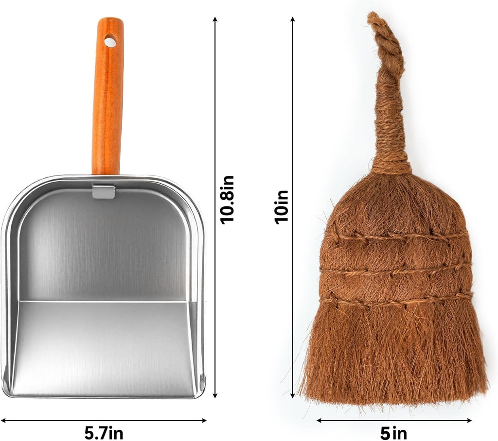 Mini Metal Dustpan and Brush Set, Dustpan and Natural Palm Fiber Hand Broom