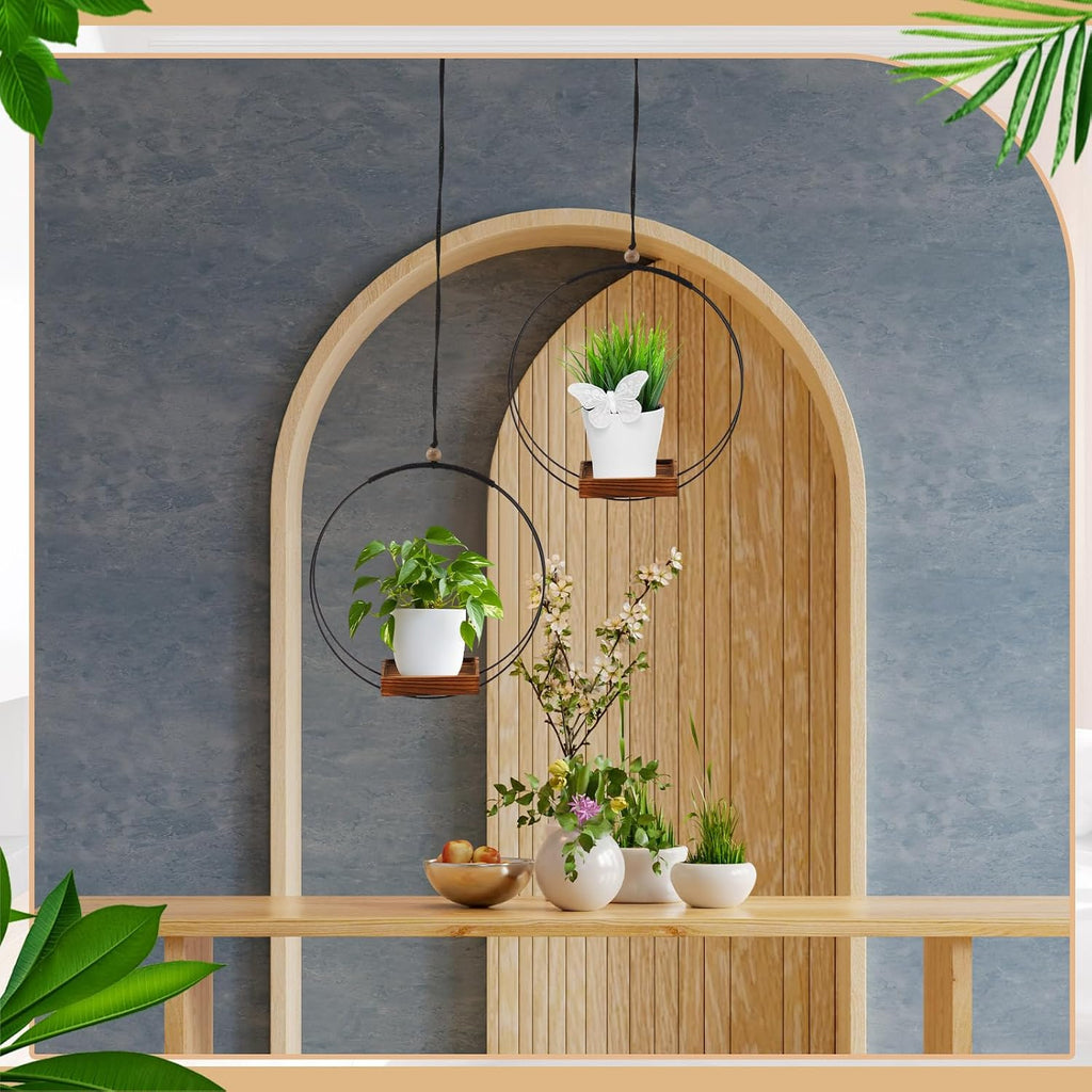 Geelin 4 Pcs Hanging Plant Holder with Wood Base Window Planter Boho, Brown