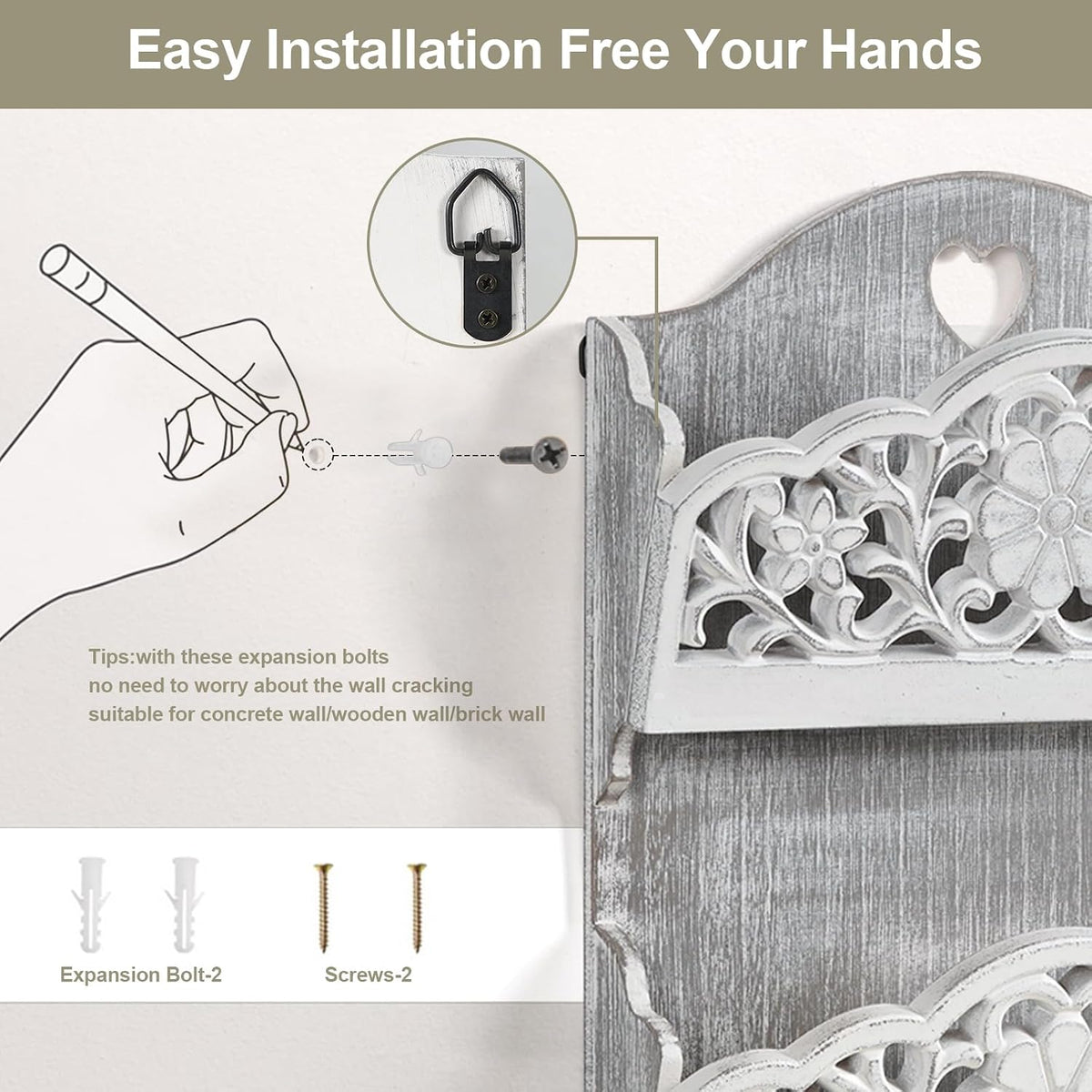 Key and Mail Holder for Wall, 2-Slot Mail Organizer Wall Mount 5 Key Hooks