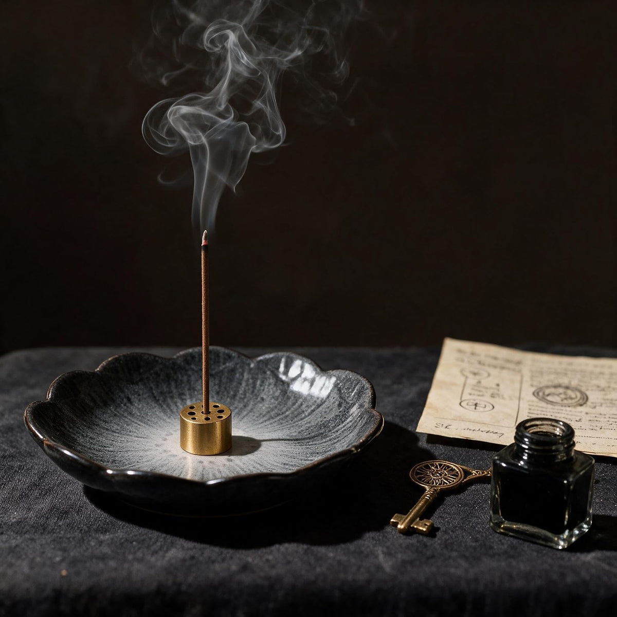 Pinehaven Ceramic Lotus Incense Holder – 5.5 Inch Hand-Sculpted Tray, Brass 9-Hole Insert for Sticks, Palo Santo, Sage & Cones – Japanese Zen Home Décor for Meditation (Black)