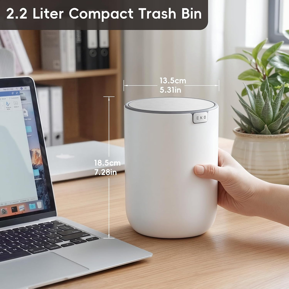 EKO Fandy 0.58 Gal/2.2L Mini Trash Can with Lid, Swing-Top Desktop Trash Can for Bathroom, Countertop, Vanity, Desk or Office, Small Garbage Bin (White)