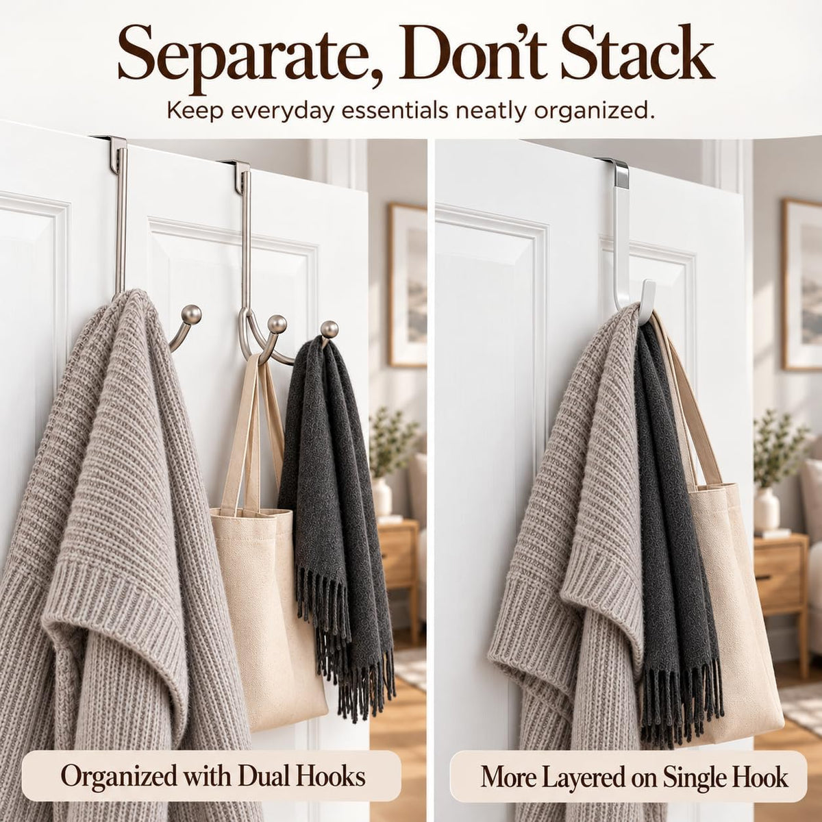 HFHOME 2Packs Over the Door Double Hanger Hooks, Metal Twin Hooks Organizer for Hanging Coats, Hats, Robes, Towels- Silver