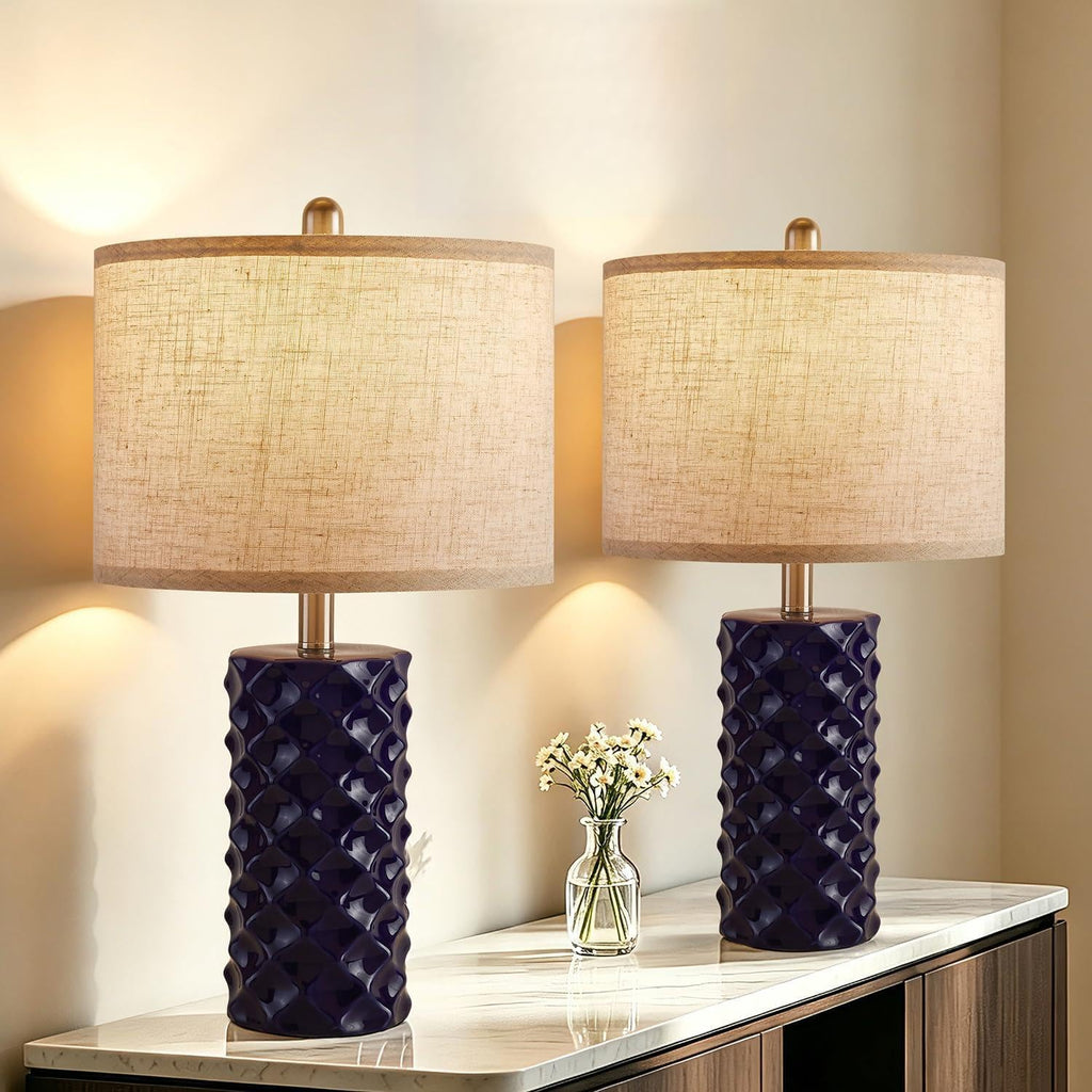 Star Diamond Ceramic Table Lamps Set of 2 - Dark Blue Nightstand Lamps 23"