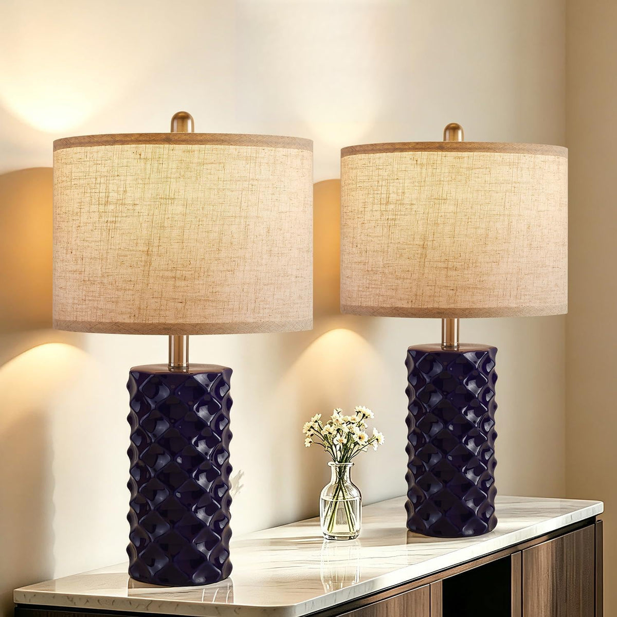 Star Diamond Ceramic Table Lamps Set of 2 - Dark Blue Nightstand Lamps 23"