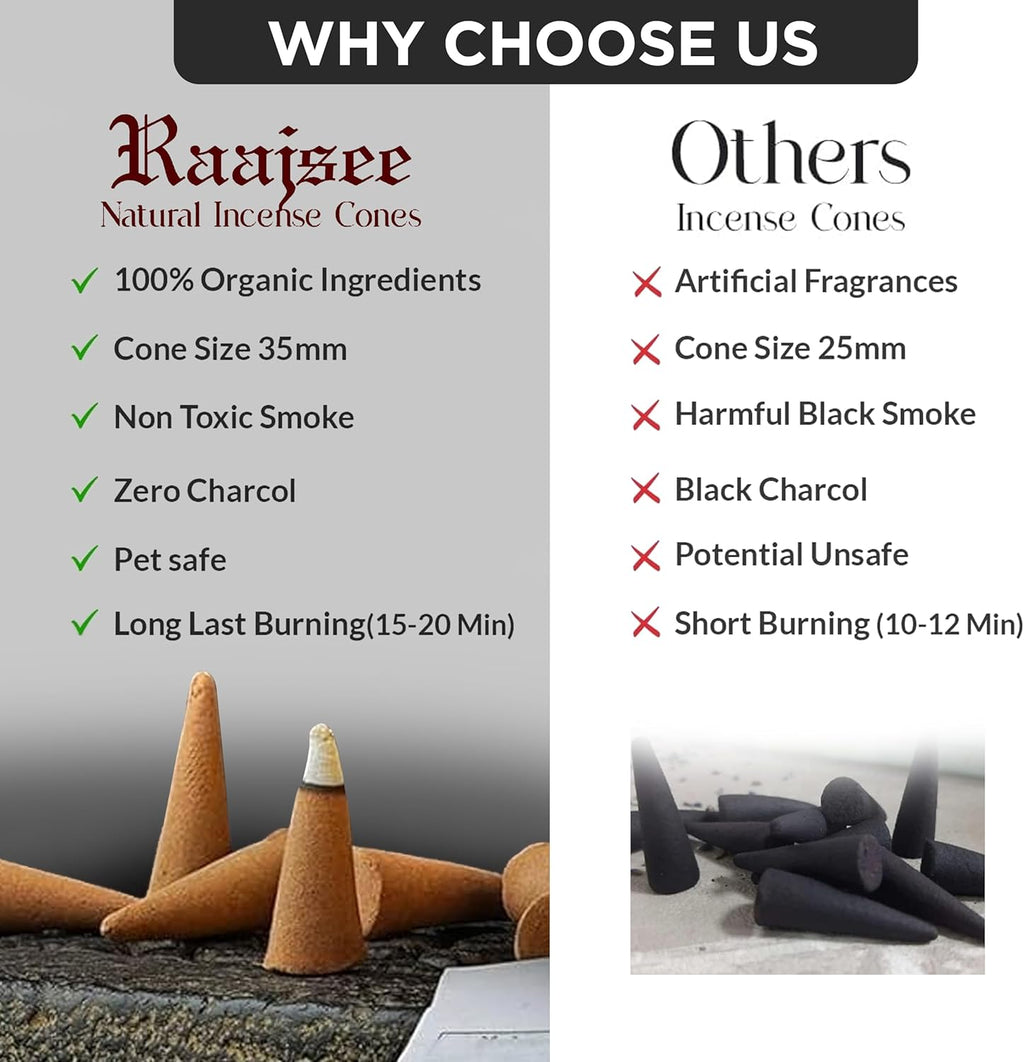 Raajsee Natural Incense Cones,6 Pack Mixed Scents Gift Pack 15 pc Each (90 Total), Insense Cones Variety Pack, 100% Organic Non Toxic Natural - Hand Rolled Free from Chemicals (Pack 3)