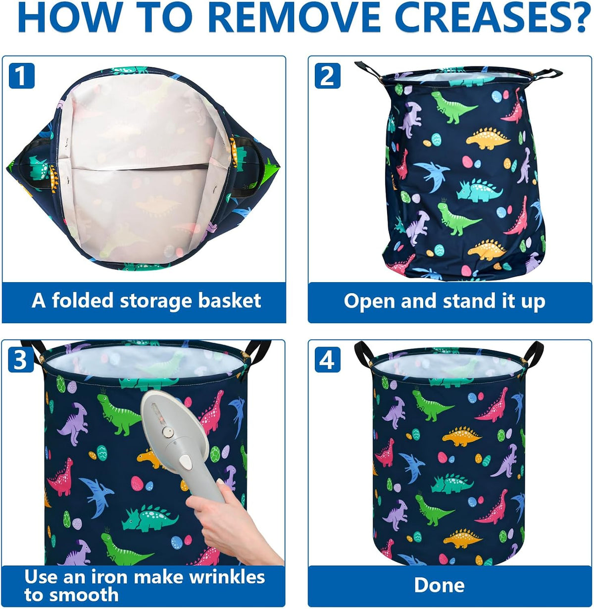 Dinosaur Laundry Basket, Round Foldable Clothes Hamper with Handles, Cotton Linen Blend Storage Bin with Dino Egg Print for Bedroom, Nursery, Playroom, College Dorm