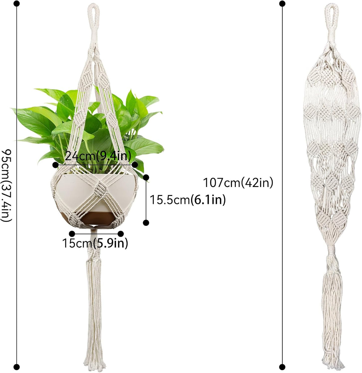 USLAI Macrame Plant Hanger, for Up to 12 Inch Pots, 42 Inch, Ivory, 2 Pack