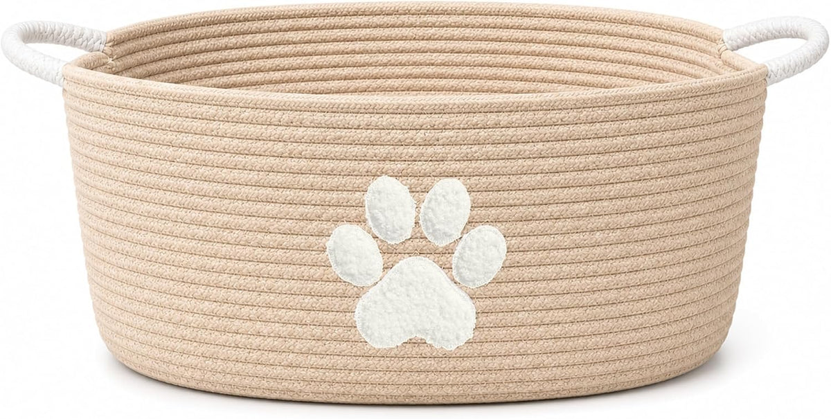 Dog Toy Basket with Handles, Boho Cotton Rope Storage Bin Organizer