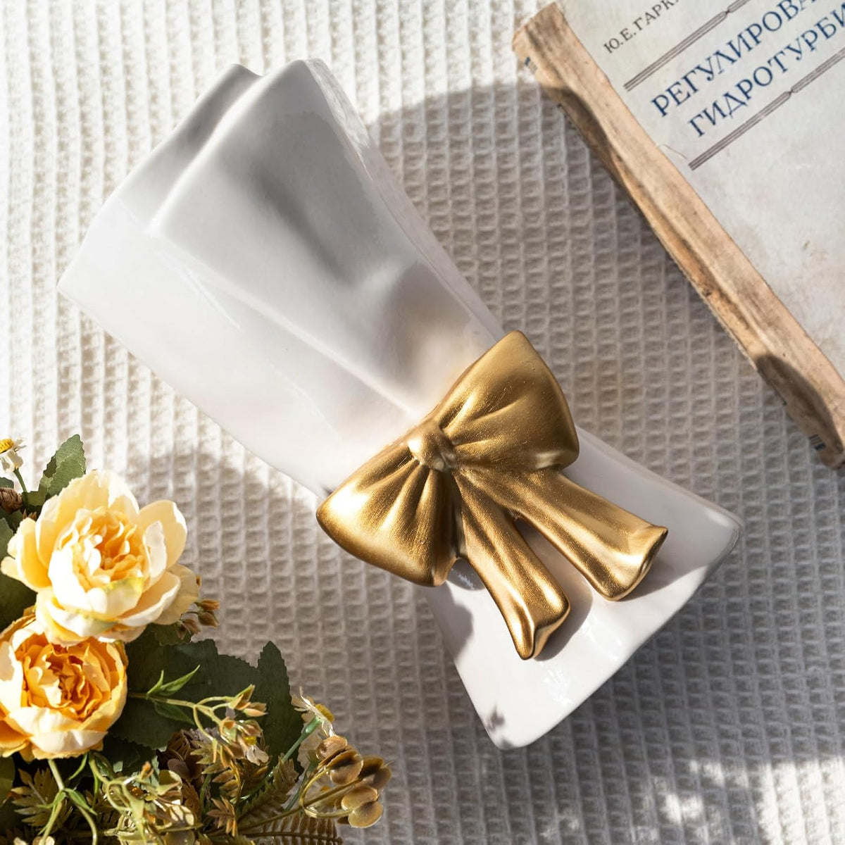 Relexome Fully Glazed White Ceramic Gold Bow Vase 9.64 in Unique Cute Modern Decorative Bouquet Flower Vases for Home Living Room Table Mother's Day Decor Women Gifts