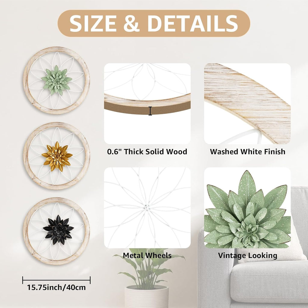 Paquesta 3 Piece Round Farmhouse Wall Decor with 6 Piece Interchangeable Flowers 15.75'' Medallion Wood & Metal Rustic Wall Art for Living Room Bedroom Kitchen Bathroom Dining Room Home Decorations (large white wheel)