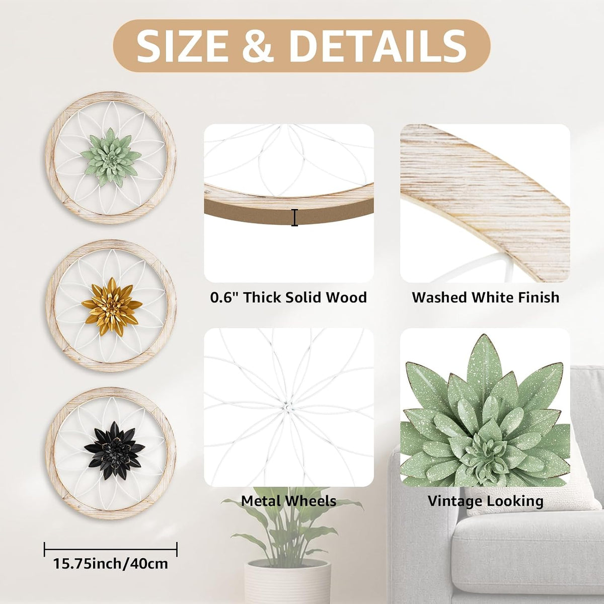 Paquesta 3 Piece Round Farmhouse Wall Decor with 6 Piece Interchangeable Flowers 15.75'' Medallion Wood & Metal Rustic Wall Art for Living Room Bedroom Kitchen Bathroom Dining Room Home Decorations (large white wheel)