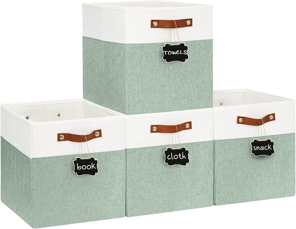 Patvingot 13-Inch Linen Storage Cubes with Labels and PU Handles,4 Pack
