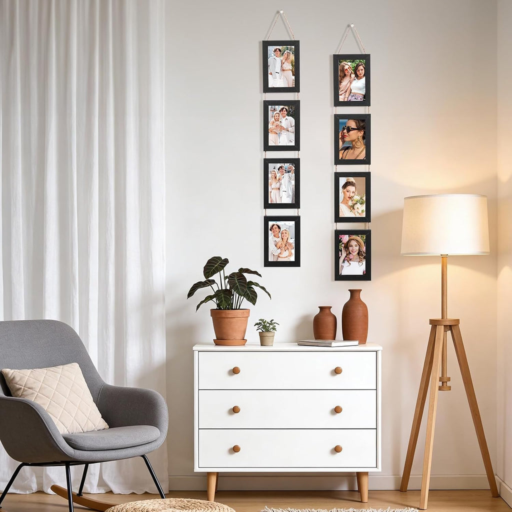 2 Pack Hanging Collage Picture Frames Set, 4 Openings Each For 4x6 Inch Photos, Vertical Multi Photo Display with String For Wall Decor