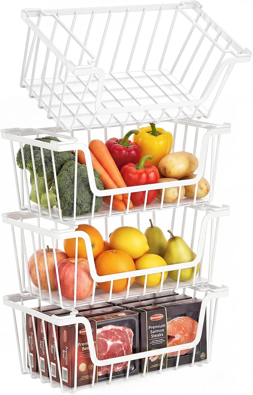 SUNALLY Stackable Storage Bins 4 Pcs Wire Baskets Freezer Organizer, White