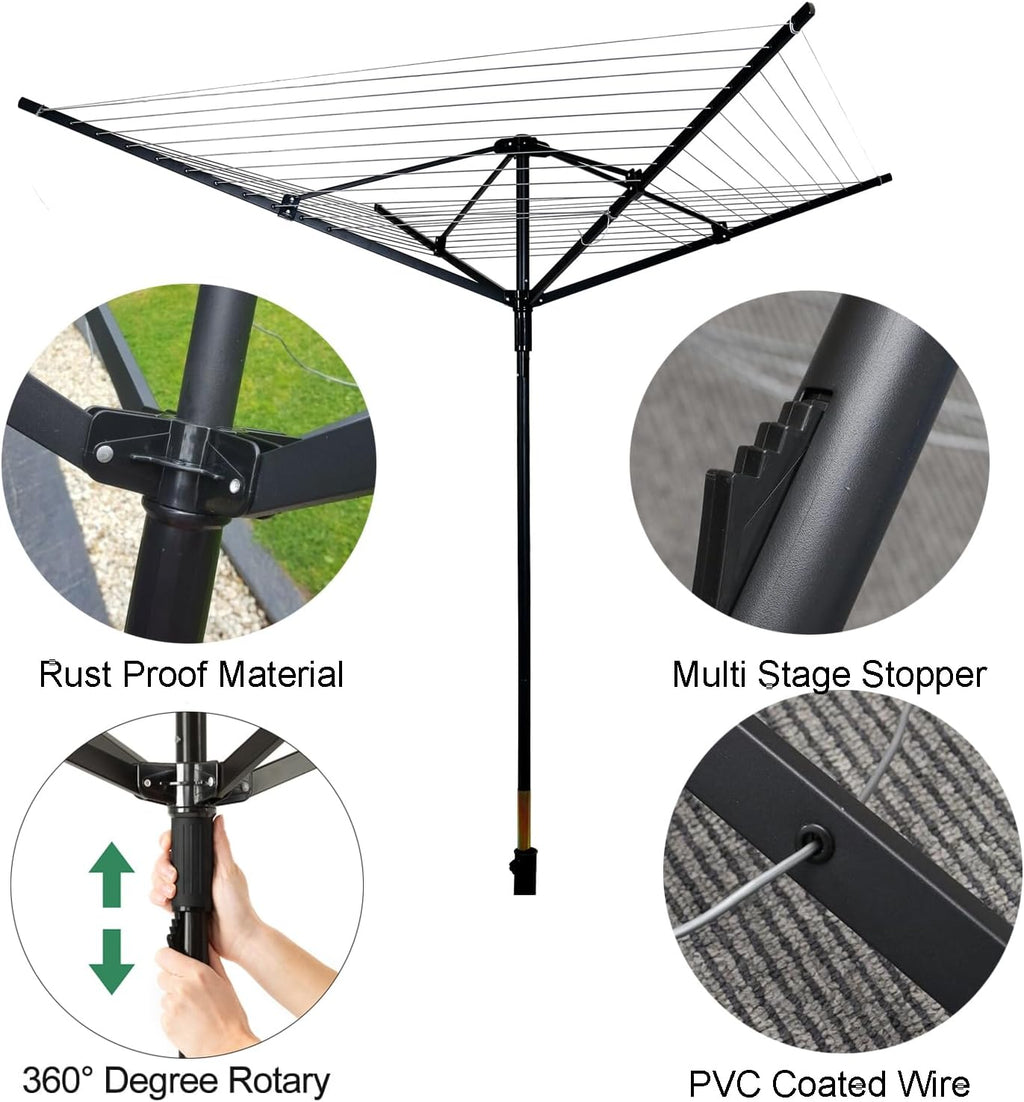 Nisorpa Outdoor Umbrella Drying Rack,12 Lines with 165 Feet Umbrella Clothesline Outdoor Dryer Clothes Line, 4 Arm Steel Frame Adjustable Height Retracting Collapsible Clothes Drying Rack for Backyard