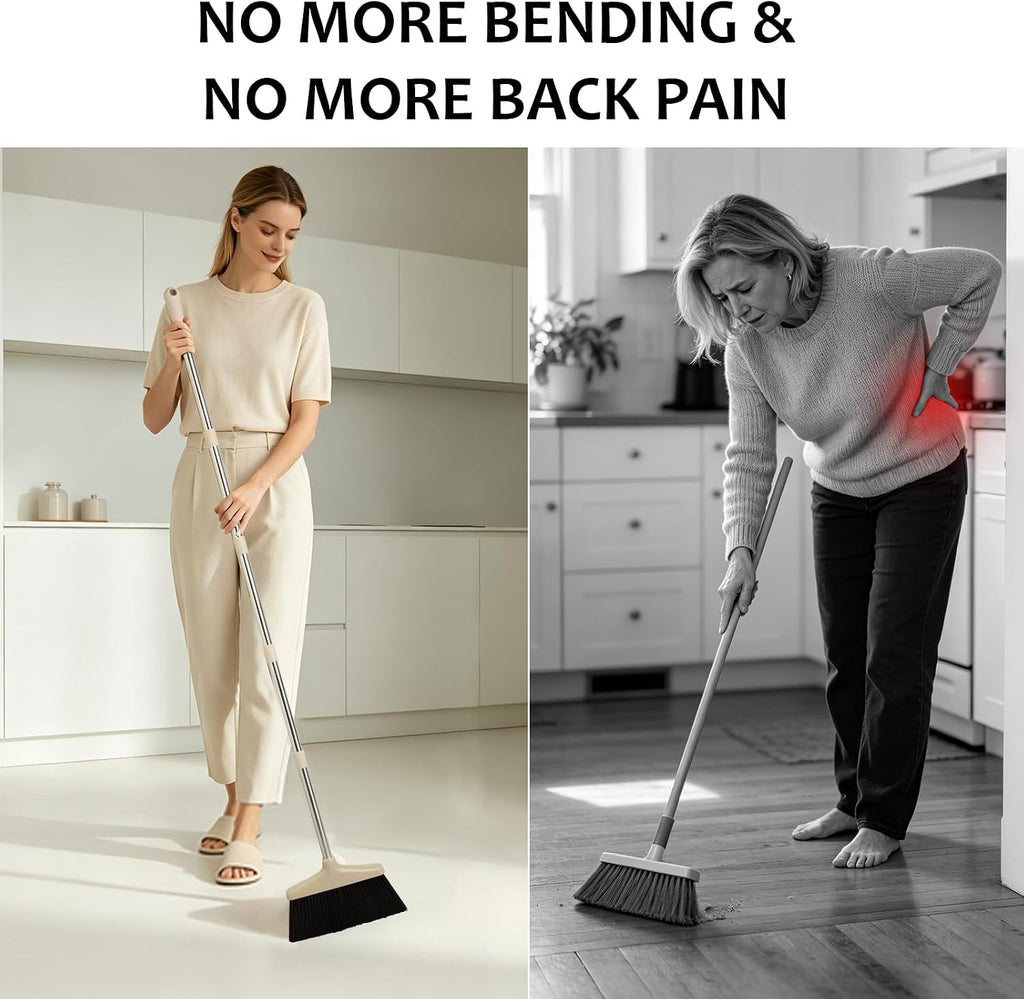 Broom and Dustpan Set with Long Handle, Light Weight Stainless Steel Poles Stand Upright Dustpans with Broom Combo for Home Kitchen Office Pet Dog Hair, Brown & Beige Color, 1-Pack