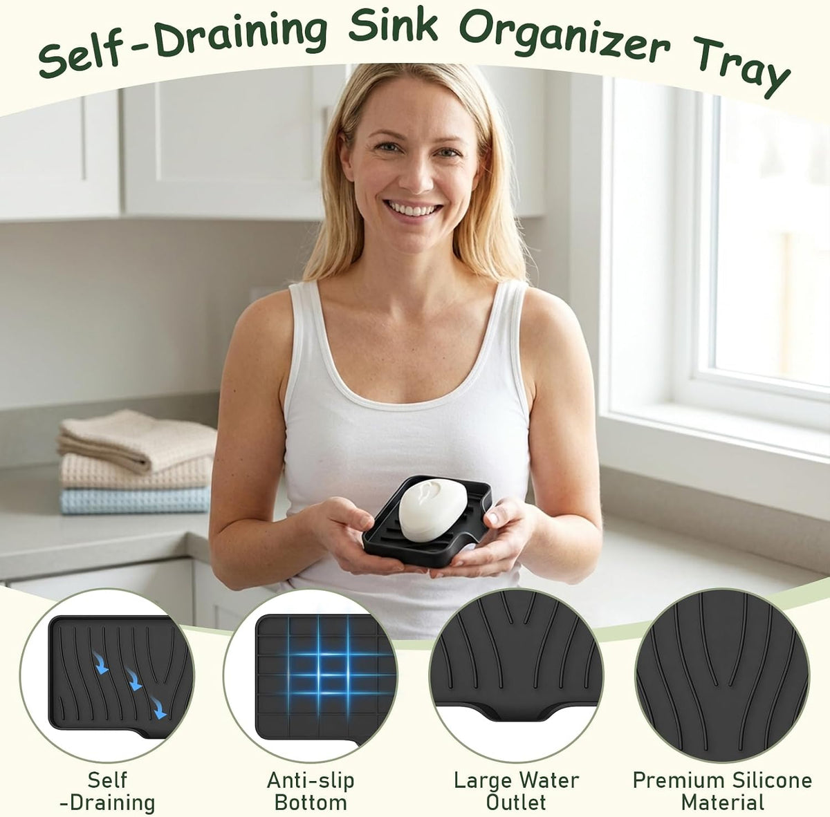 Silicone Soap Dish with Drain Spouts, Bar Soap Holder, Self-Draining Sink Organizer Kitchen Sponge Tray, Non-Slip Dispensers for Bathroom, Kitchen (Black, 1 Long + 2 Short)