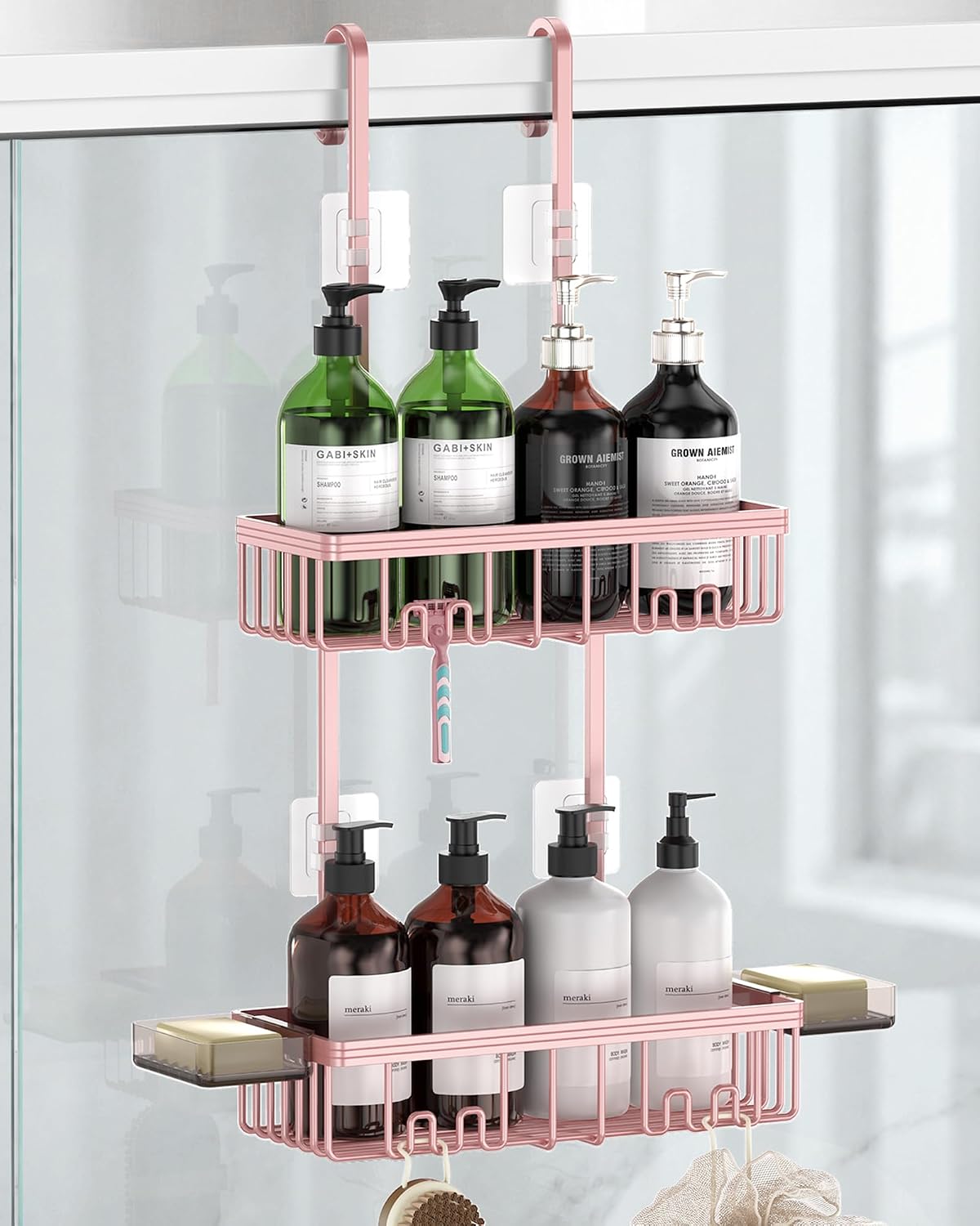 Over the Door Shower Caddy Hanging With Double Soap Holder Never Rust Aluminum Shower Shelf With 4 Hooks Hanging Bathroom Organizer No Drilling Shelves for Bathroom Storage Pink
