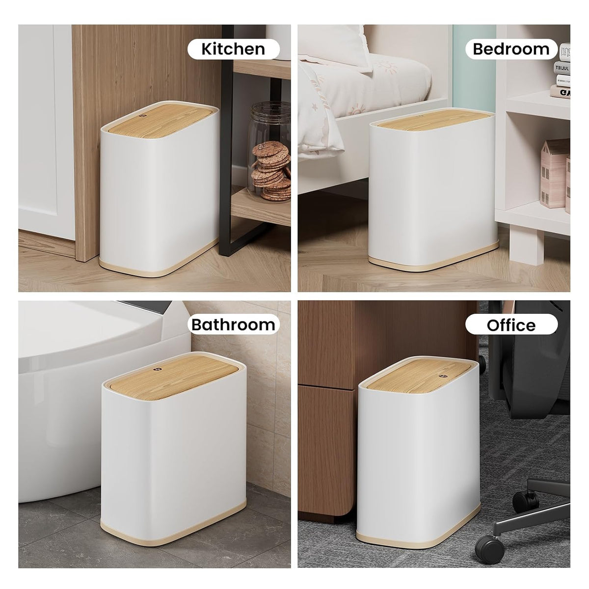 Bathroom Trash Can with Lid and Wheels, 2.6 Gal, Air Vent, Faux Wood Top