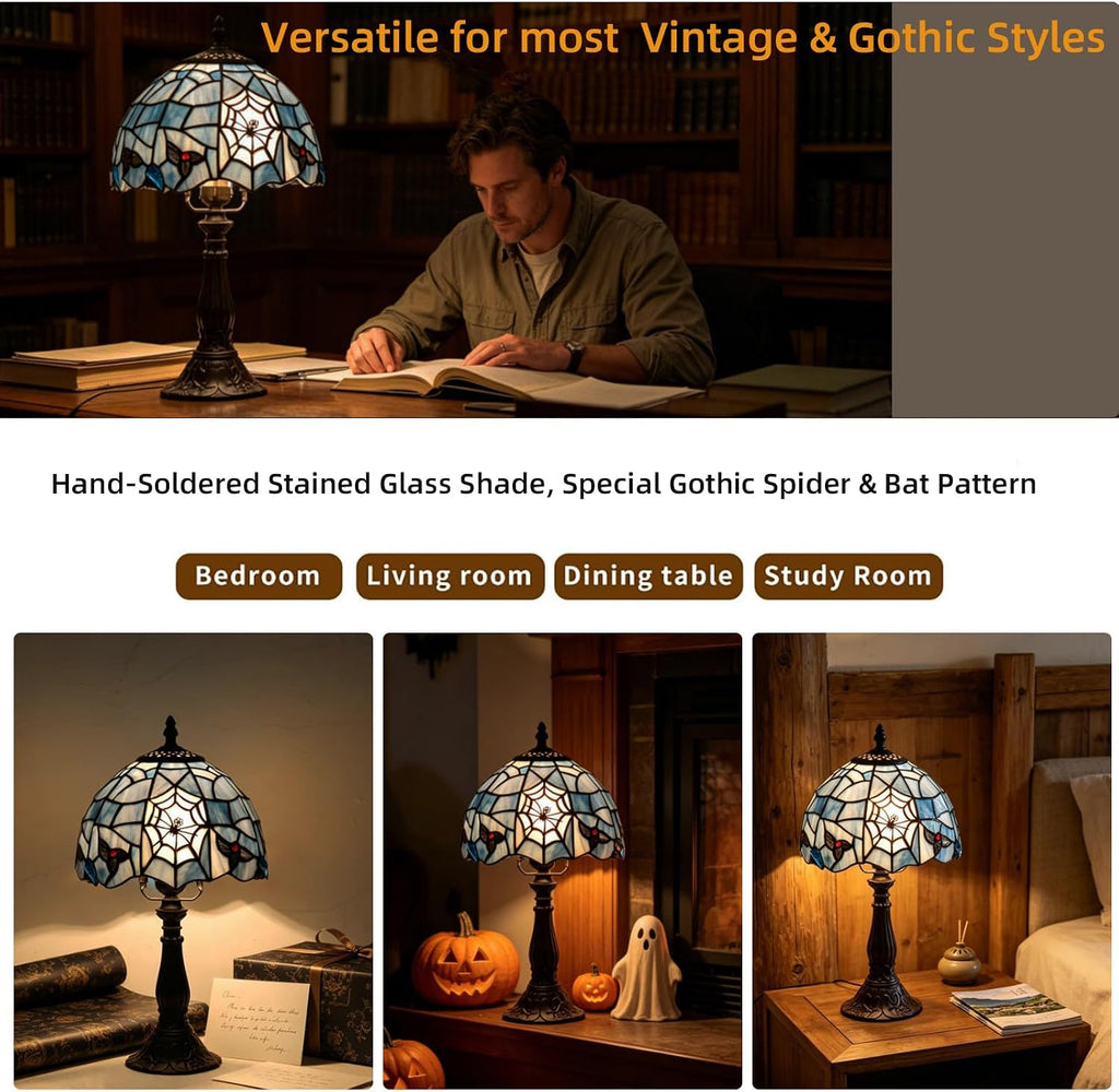 Tiffany Style Table Lamp,Stained Glass Spider Desk Lamp(8x8x15inch)