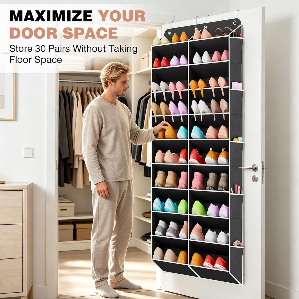 VTRIN 30 Pairs Over the Door Shoe Organizer, Large Capacity 10-Tier Hanging Shoe Organizer with 20 Deep Pockets for Sneakers Boots Heels, Space Saving Shoe Rack for Door with 10 Side Pockets, Black