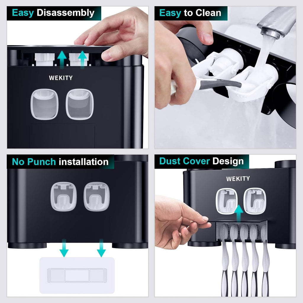 Toothbrush Holder,Multi-Functional Wall Mounted Toothbrush Holder,Toothpaste Dispenser for Bathroom with 2 Toothpaste Squeezers,5 Toothbrush Slots and 4 Cups(Black)