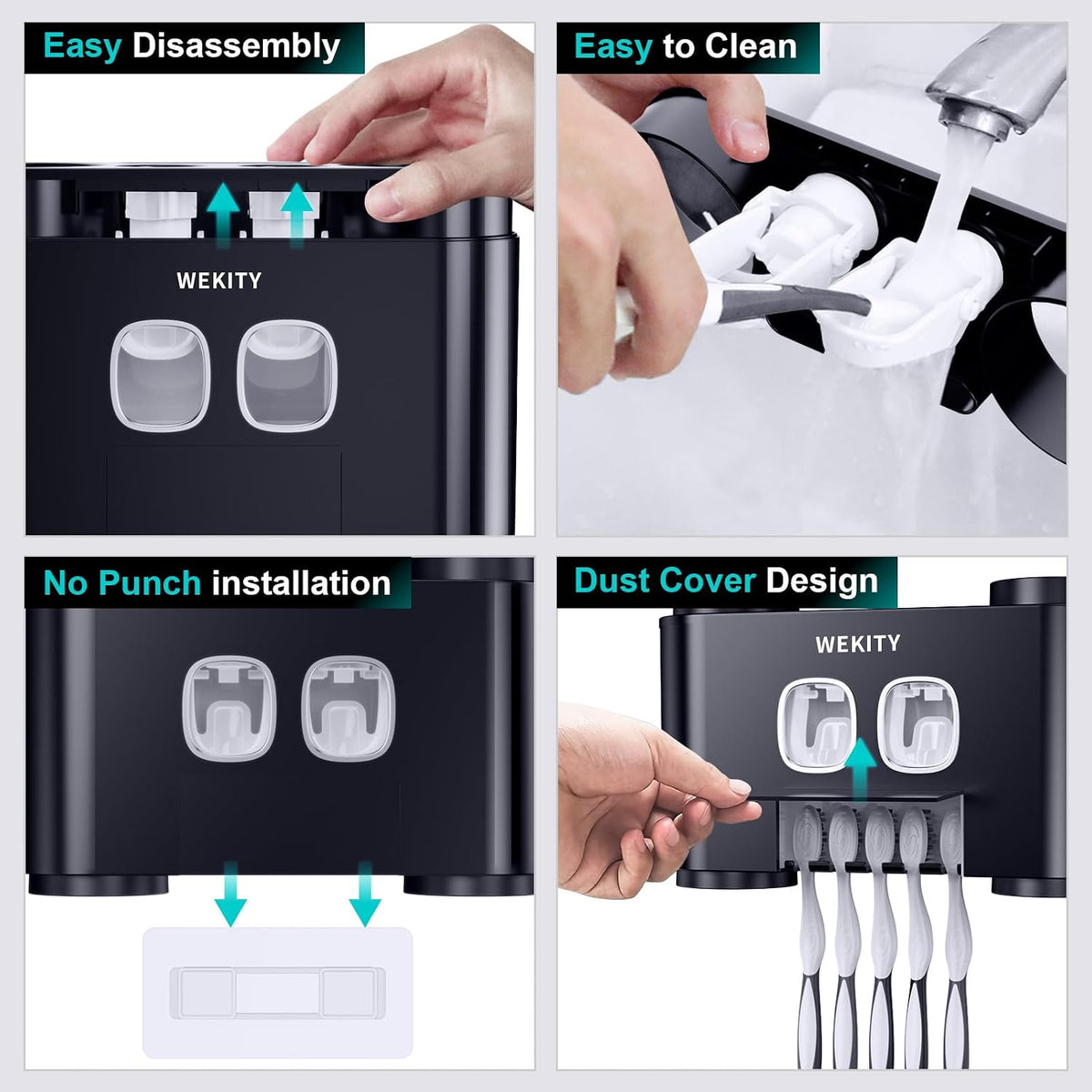 Toothbrush Holder,Multi-Functional Wall Mounted Toothbrush Holder,Toothpaste Dispenser for Bathroom with 2 Toothpaste Squeezers,5 Toothbrush Slots and 4 Cups(Black)