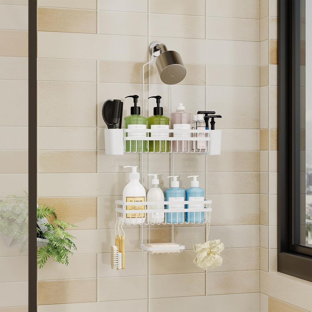 Shower Caddy Hanging for Bathroom Organizers and Storage, 3 Tier Adjustable Anti-Swing Shower Organizer hanging with Heavy-Duty Suction Cups, Damage-Free Rustproof (White)